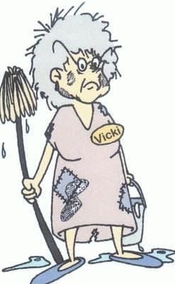 A cartoon of a woman holding a broom and wearing an apron.